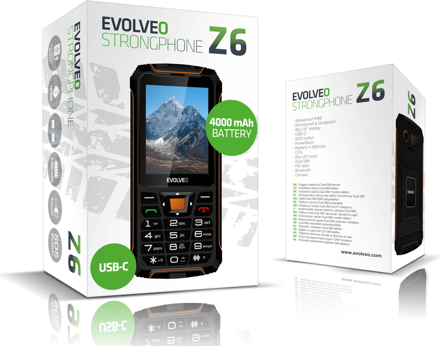 Celular me butona EVOLVEO StrongPhone SGP-Z6, IP68, 2 SIM, bateri 4000 mAh, ekran 2.8", i zi/portokalli