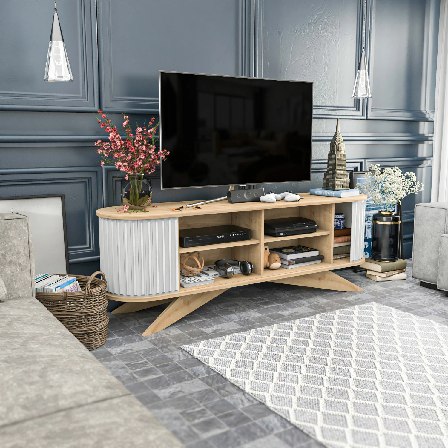 Komodë TV Hanah Home, ngjyrë safir dhe e bardhë, Stor