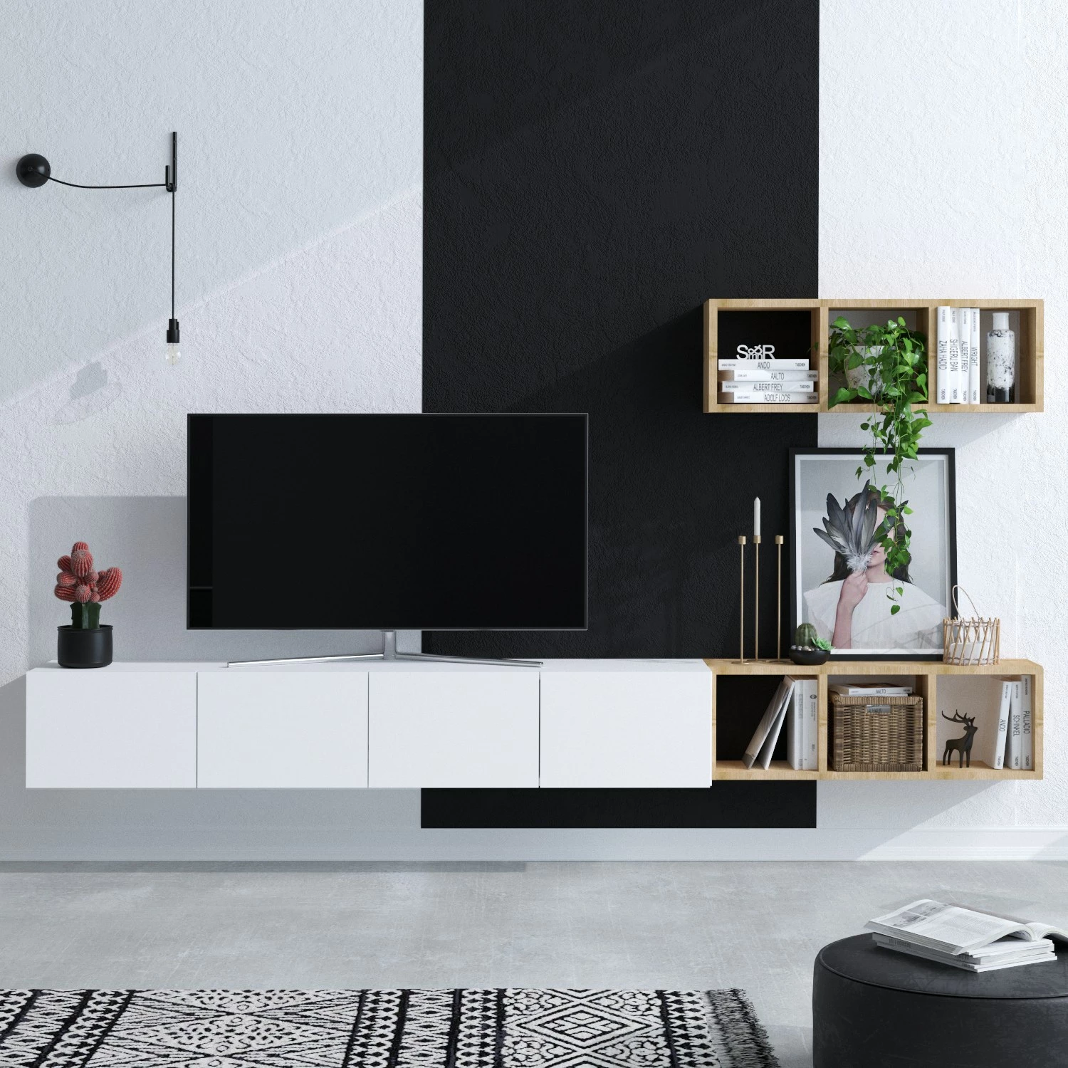 Konsolë TV Hanah Home, Pıa, e bardhë dhe lis, me rafte
