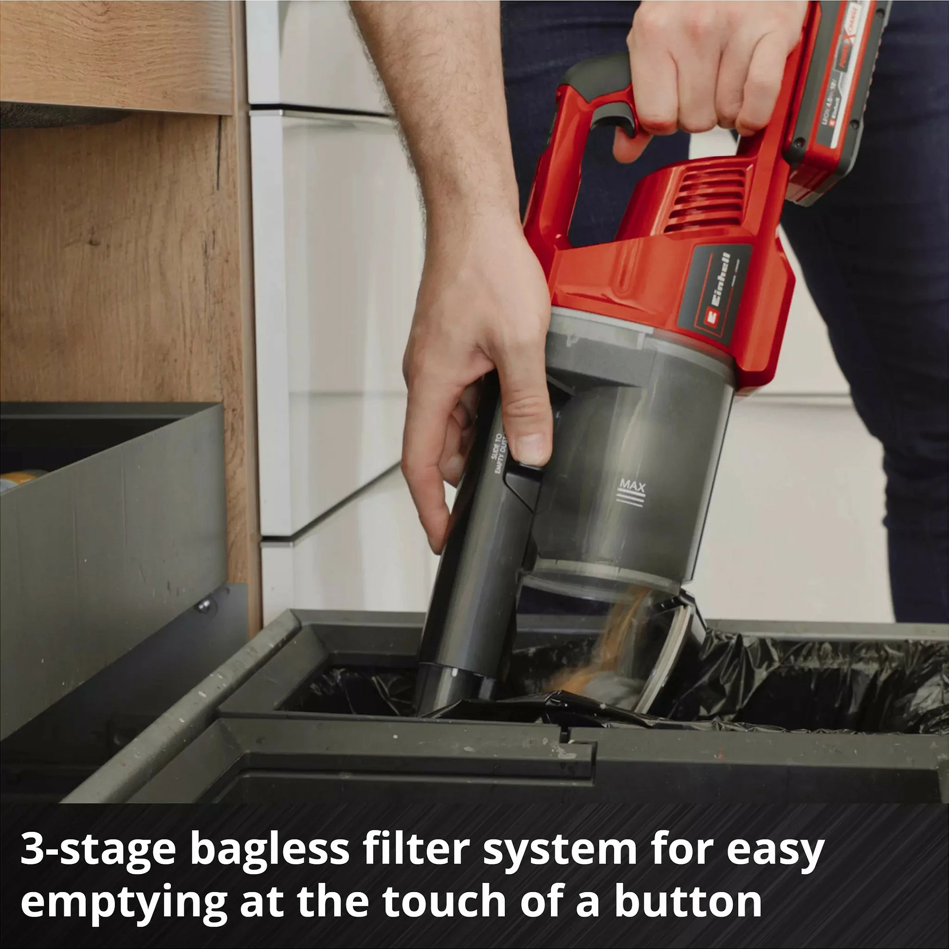 Fshesë me bateri Einhell TE-SV 18 Li, 18V 4Ah, 0.6L, 12000Pa, kuqe/zezë