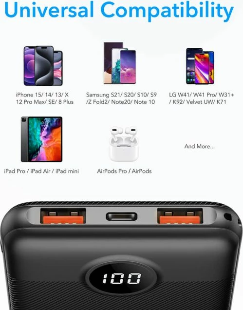 Powerbank VEGER L10S 10,000 mAh me ekran LCD/LED PD20W, e zezë, set me kabllo USB-A në Type-C