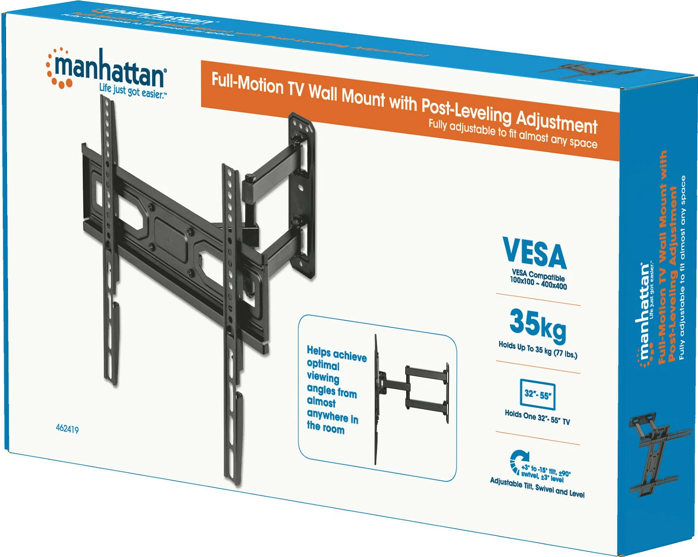 Mbajtëse muri për TV MANHATTAN FullMotion 32"-55", deri 35 kg, VESA 400x400, e zezë
