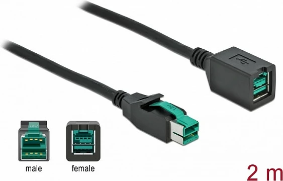 Kabllo zgjatëse PoweredUSB DeLOCK 12V 2m, mashkull-në-femër, e zezë