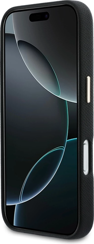 Mbështjellës Guess FW Resin Logo për iPhone 17 Pro, hardcase eco-leather/TPU/PC, i zi, në kuti