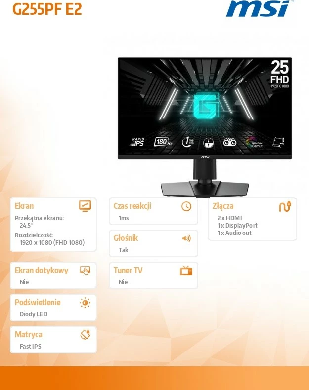 Monitor MSI G255PF E2, 24.5", FHD, Rapid IPS, 180Hz, 1ms, i zi