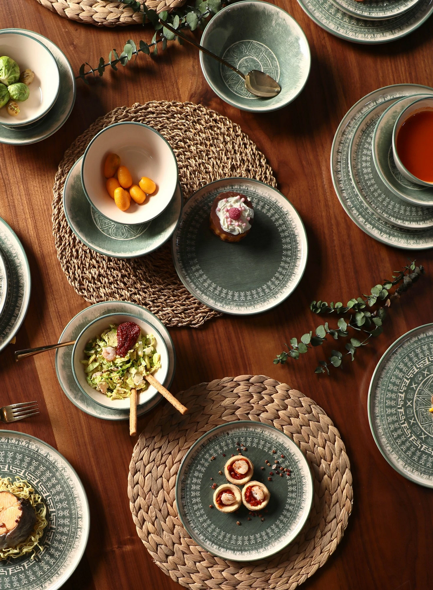 Set enësh për drekë, qeramikë, 24 copë, Hermia Concept, TY039124F030AD80M00MAET000, ngjyrë e gjelbër/krem