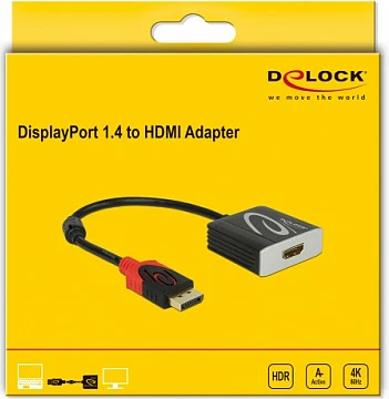 Adapter aktiv DeLOCK DisplayPort 1.4 në HDMI, 4K 60Hz HDR, 0.2m, i zi