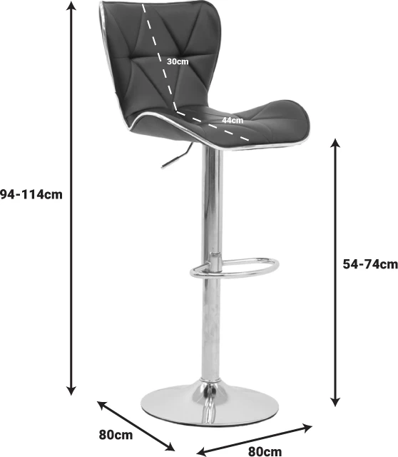 Karrige për bar Jorine, lartësi e rregullueshme, lëkurë artificiale e zezë, bazë kromi, 53x44x114cm, set prej 2 copësh
