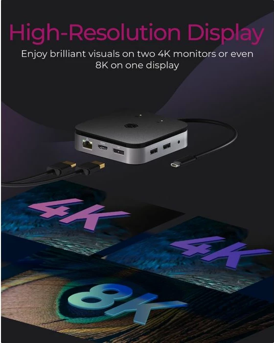 Docking station ICYBOX IB-DK408-C41 USB4 7në1 dual video 60W Power Delivery, antracit