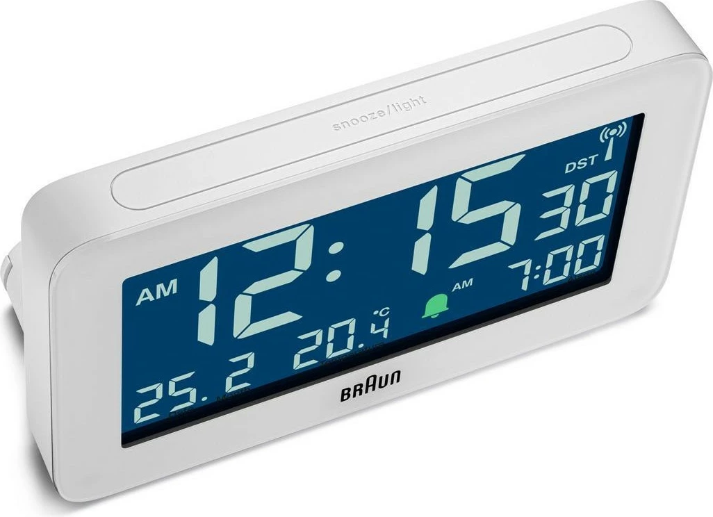 Alarm digjital Braun BC10, ekran LCD, termometër, orar 12/24h, bardhë