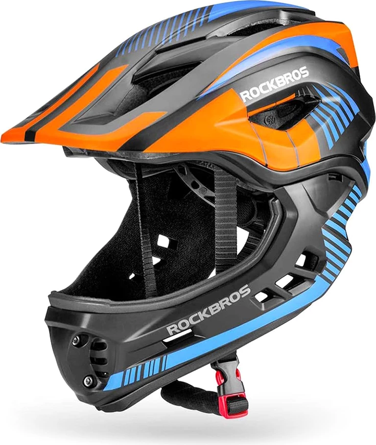 helmetë biçiklete fëmijësh Rockbros TT-32SOBL-S, full-face me mjekër të heqshme, rregullim 360°, S (48-54 cm), e zezë dhe portokalli