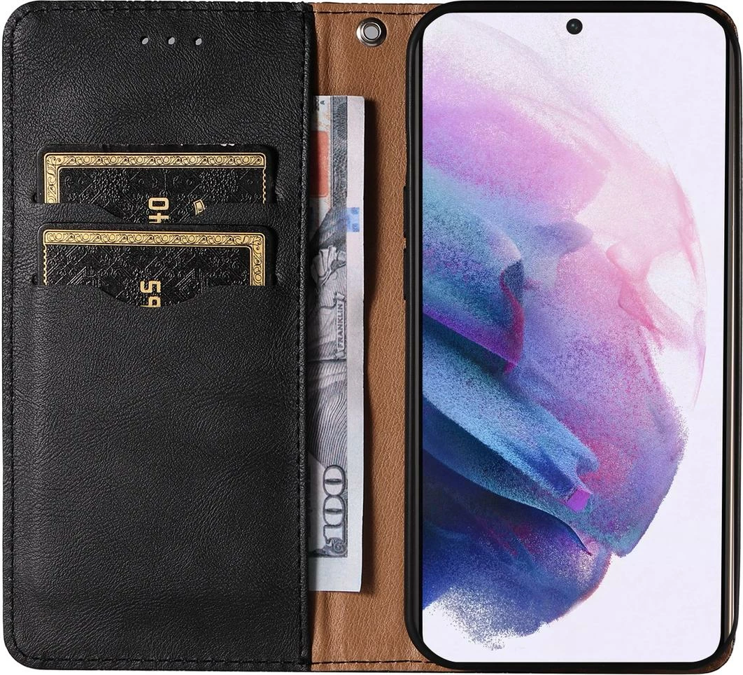 Mbështjellës Hurtel Magnet Strap Case për Samsung Galaxy S22+, me portofol, litar dore, e zezë