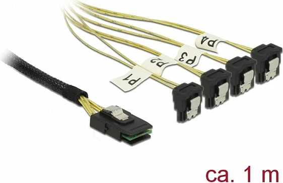 Kabllo Mini SAS në 4x SATA DeLOCK 85687, 1 m, SFF-8087, e zezë/verdhe