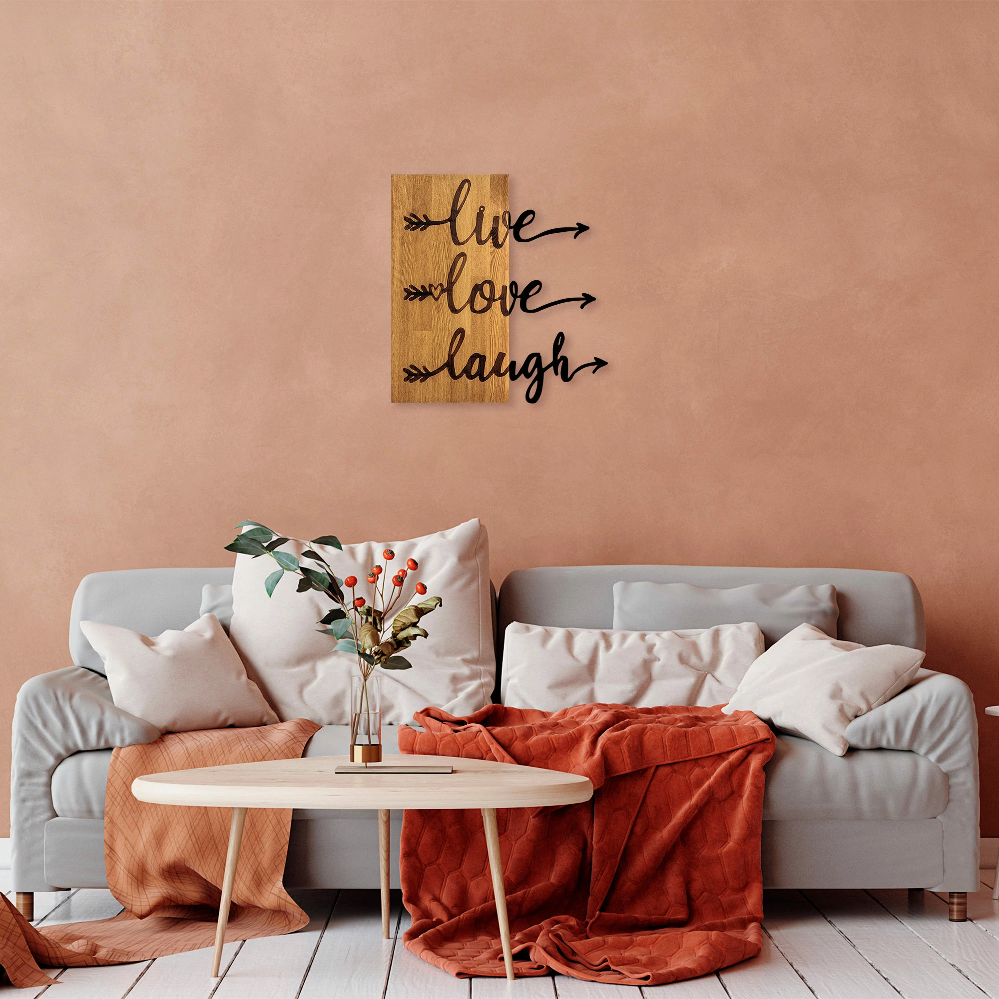 Aksesor dekorativ prej druri për mur, Wallity, Live Love Laugh, ngjyrë arre dhe e zezë, 55x58cm