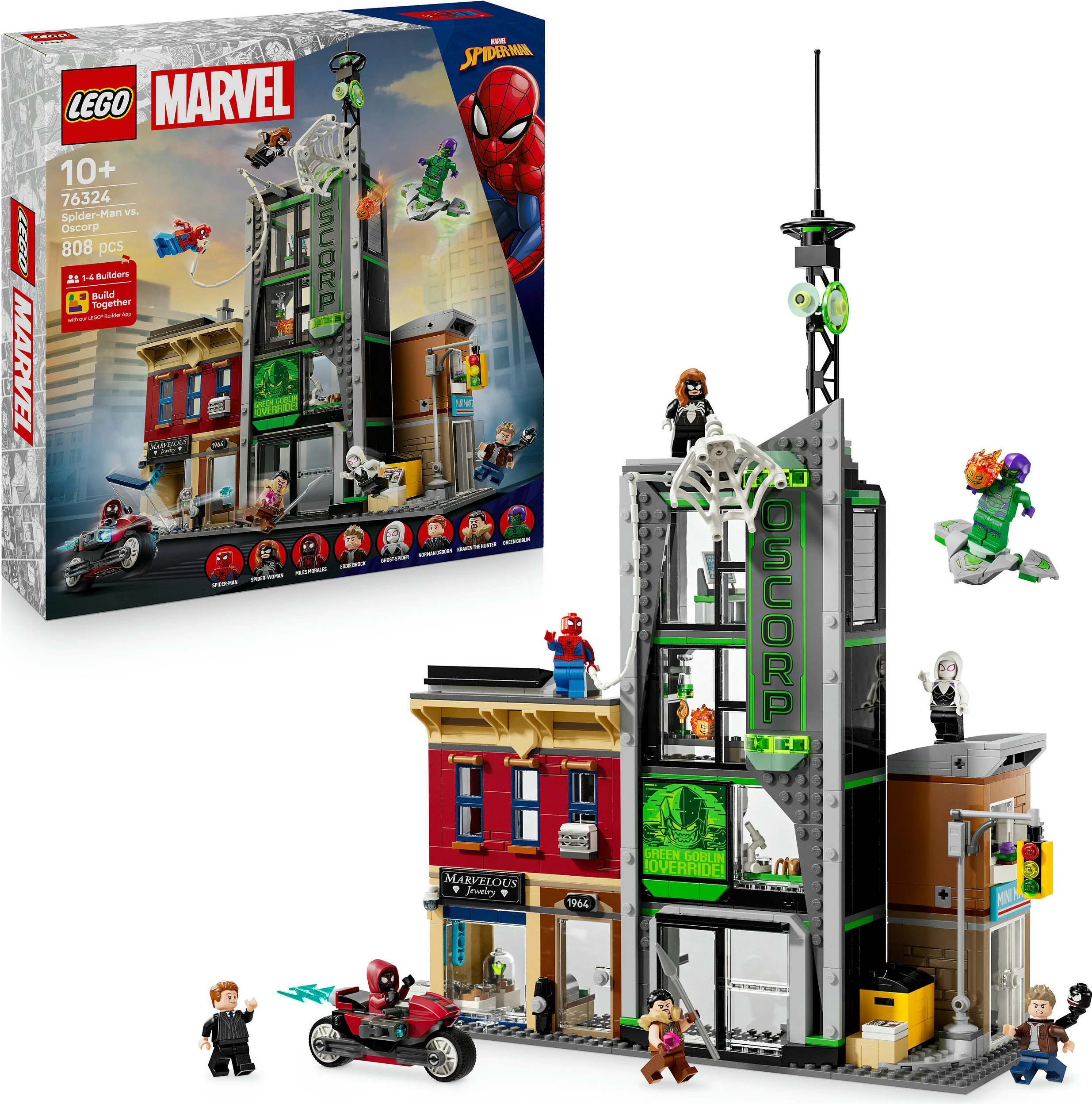 Set ndërtimi LEGO Marvel Spider-Man vs. Oscorp 76324, 808 copë, 10+, shumëngjyrësh