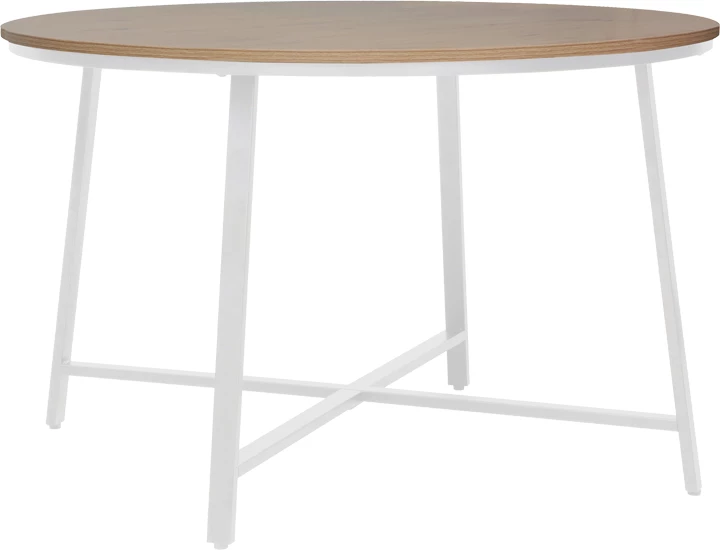 Tavolinë Gianno melamine, ngjyrë natyrale, këmbë metali të bardha, Φ120x76cm