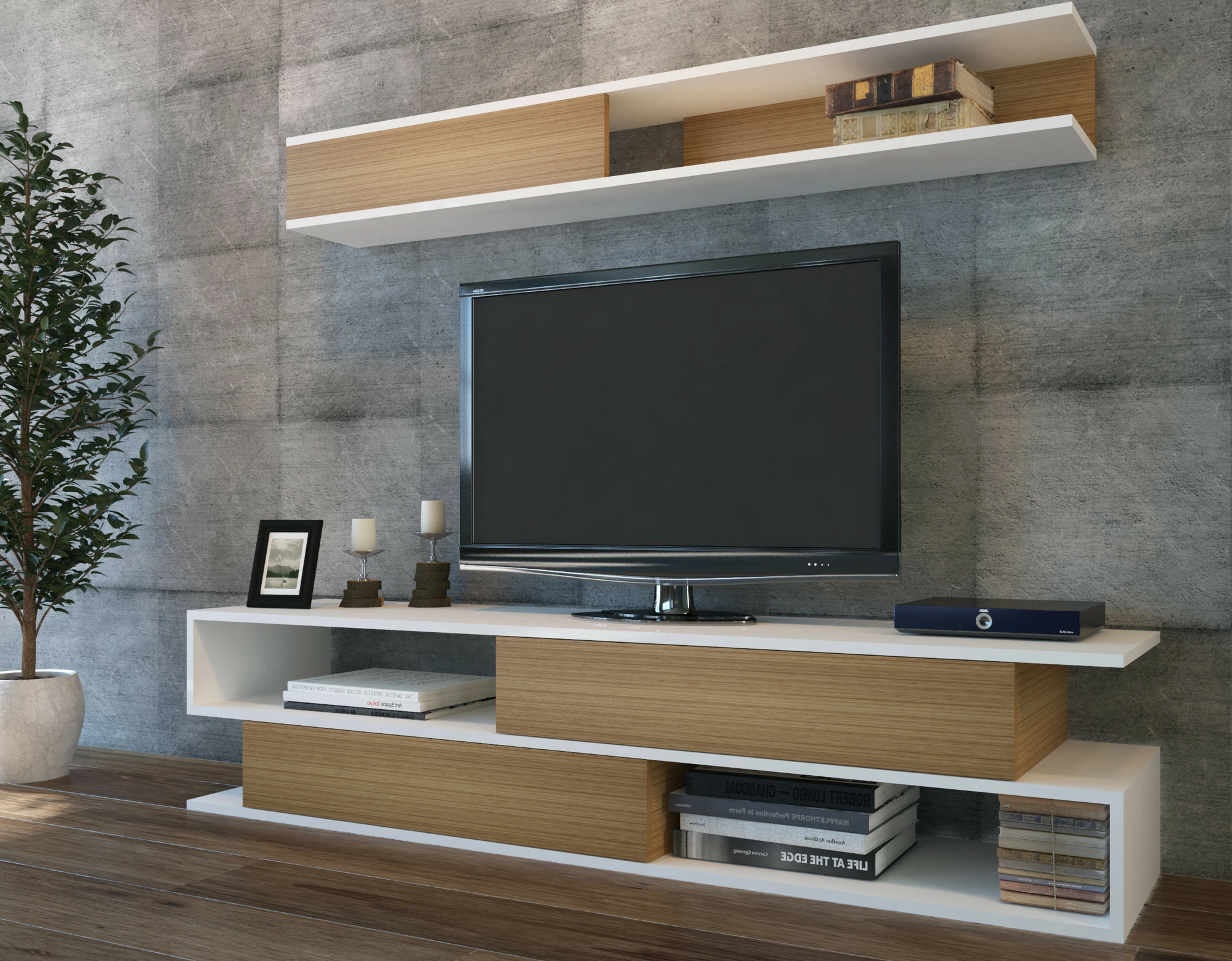 Komodë TV Hanah Home, Sims, e bardhë dhe teak
