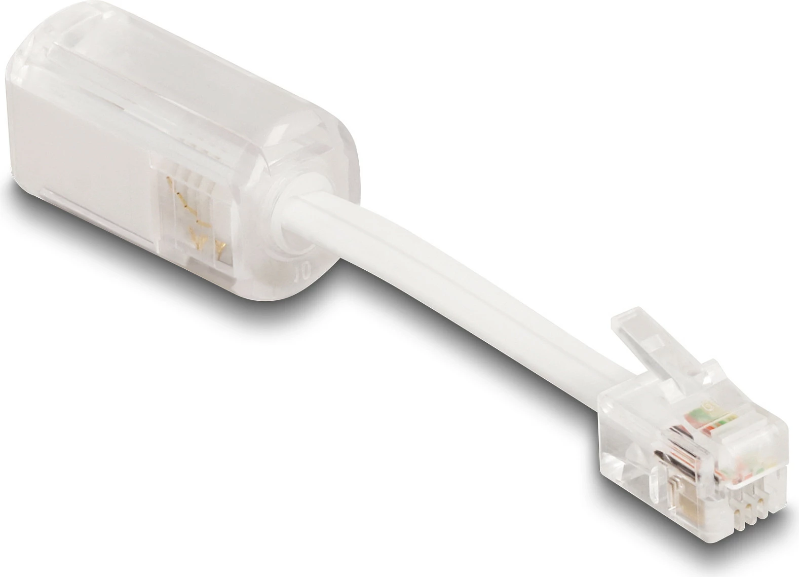 Adapter kabllo telefoni DeLOCK RJ10 mashkull në RJ10 femër, rrotullues 360°, 3 cm, transparent/bardhë