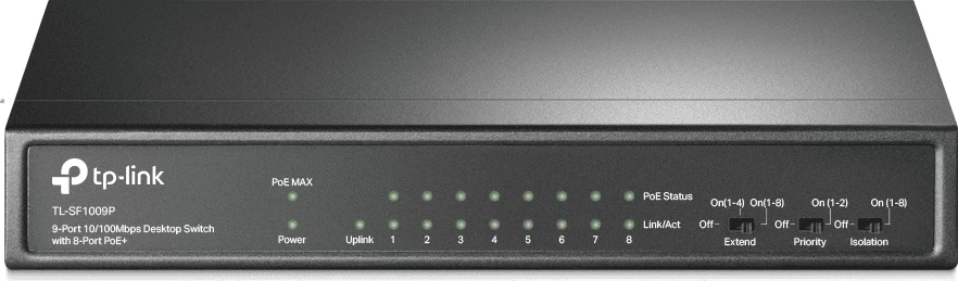 Switch TP-Link TL-SF1009P 9 porta 10/100Mbps me 8x PoE+ dhe port uplink, e zezë