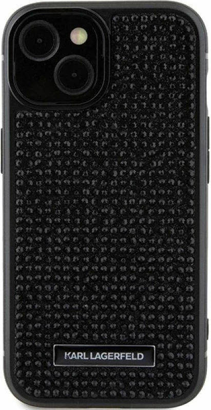 Mbrojtëse telefoni Karl Lagerfeld Rhinestone Logo Metal Plate për iPhone 15, e zezë