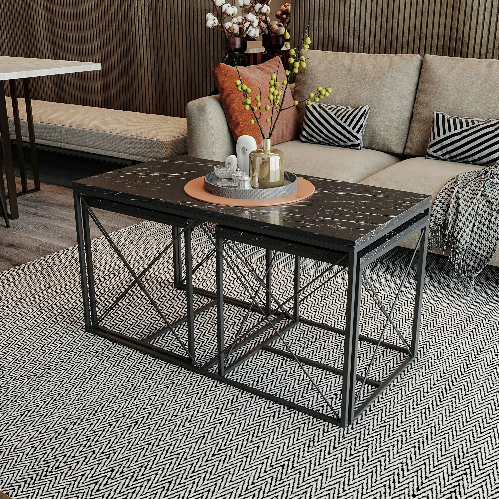 Set tavolinash kafeje Hanah Home, Defne, mermer i zi