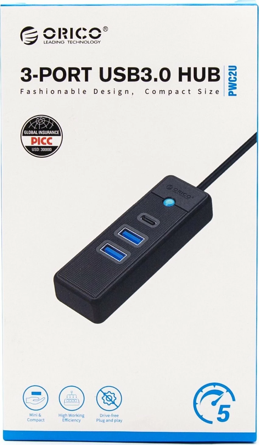 Hub USB-C Orico PWC2U-C3-015-BK-EP 3 porte (2x USB 3.0 + 1x USB-C) 5 Gbps i zi