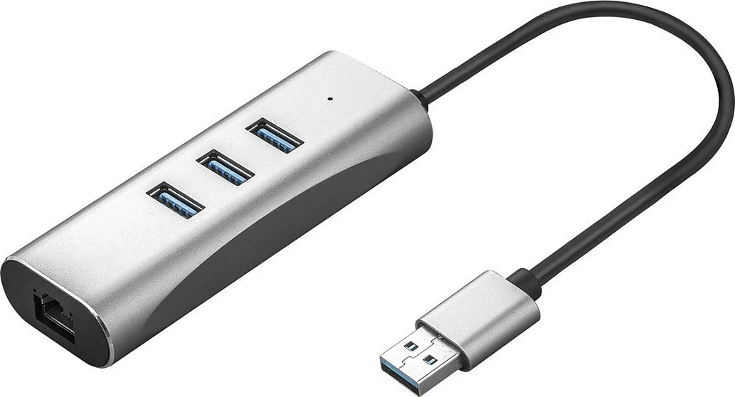 Adapter USB-A në Gigabit Ethernet + USB Hub 3-Portësh VALUE, USB 3.2 Gen 1, zi/argjendtë