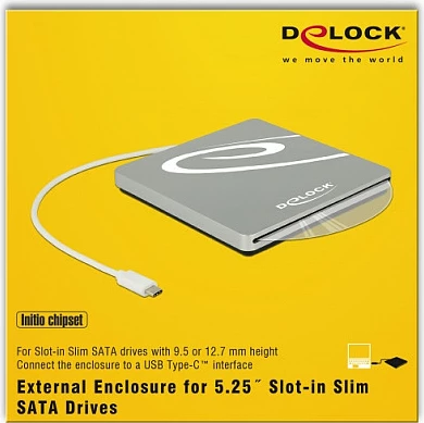 Kasë eksternale DeLOCK 42605 për DVD/Blu-ray Slim SATA në USB-C, 5 Gbit/s, argjendtë
