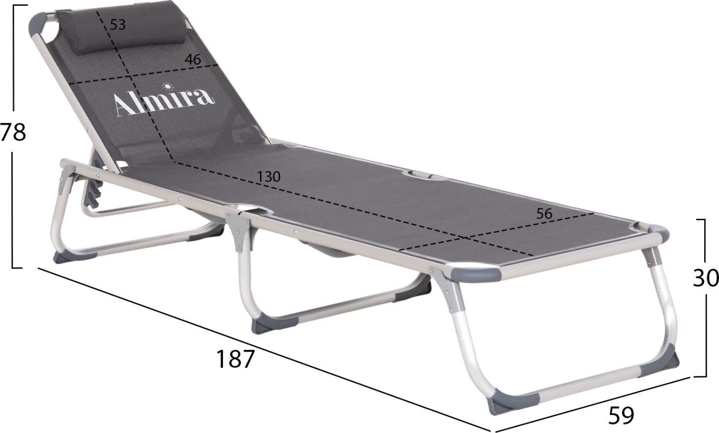 Shezlong plazhi i rëndë, alumin, tekstilene gri, ALMIRA FH5054.10, 187x59x78cm