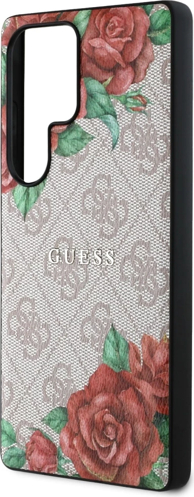 Mbështjellës Guess Leather 4G Flowers Print Metal Classic Logo MagSafe për Samsung Galaxy S25 Ultra, Rozë