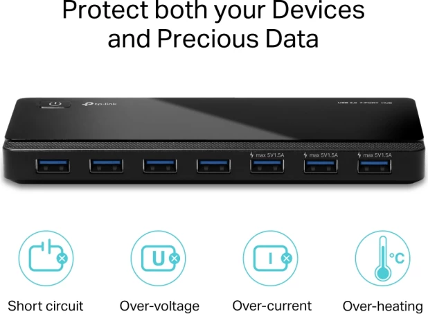 Hub USB TP-LINK UH700 V5, 7-port USB 3.0 (deri 5 Gb/s), me adaptor rryme, i zi, set