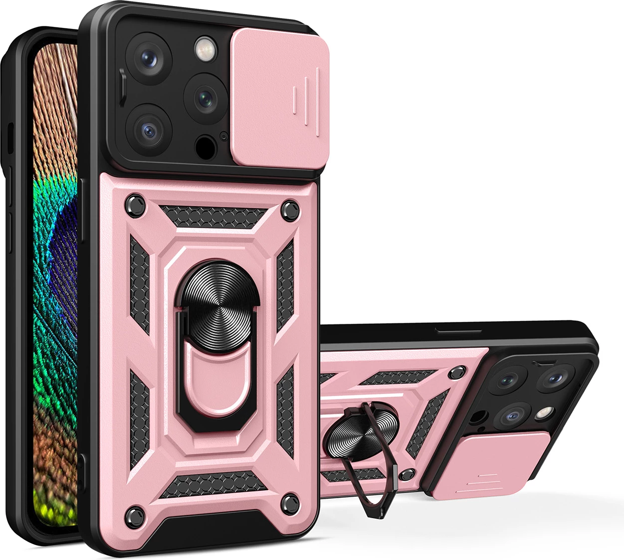 Mbështjellës Hurtel Hybrid Armor Camshield për iPhone 14 Pro, me kapak kamere, rozë