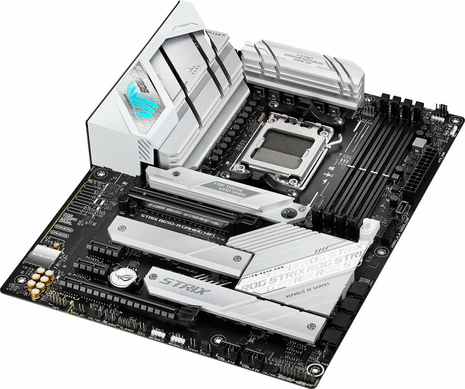 Pllakë amë Asus ROG Strix B650-A Gaming WiFi, ATX, DDR5, Wi‑Fi 6E, 128GB RAM max, bardhë/zezë, me antenë WiFi