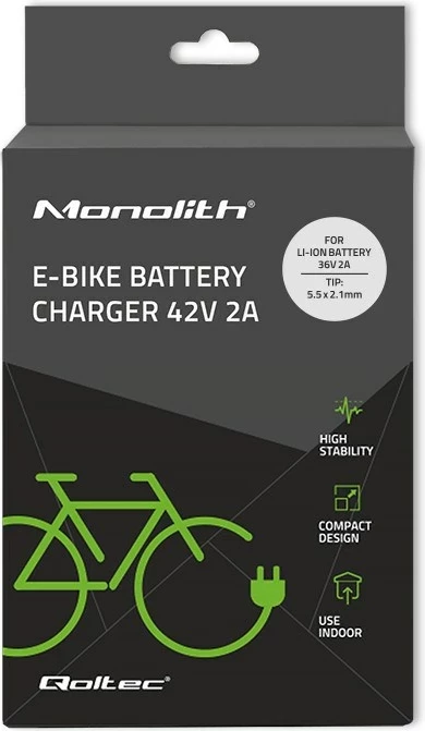 Karikues Qoltec 50760 për bateri e-bike, 36V | 42V | 2A, i zi