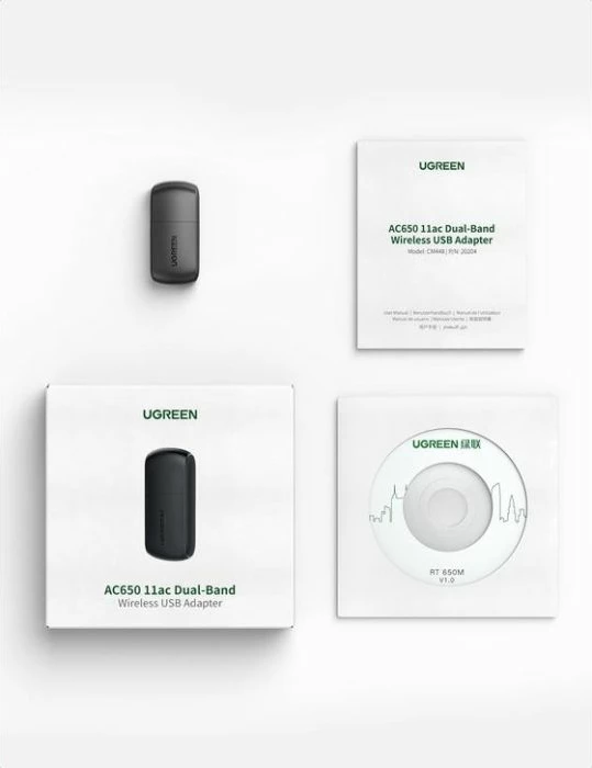 Adapter USB Wi‑Fi UGREEN AC650 (MPN 20204), dual band 2.4/5GHz, 433/200Mbps, USB-A 2.0, i zi, me kuti