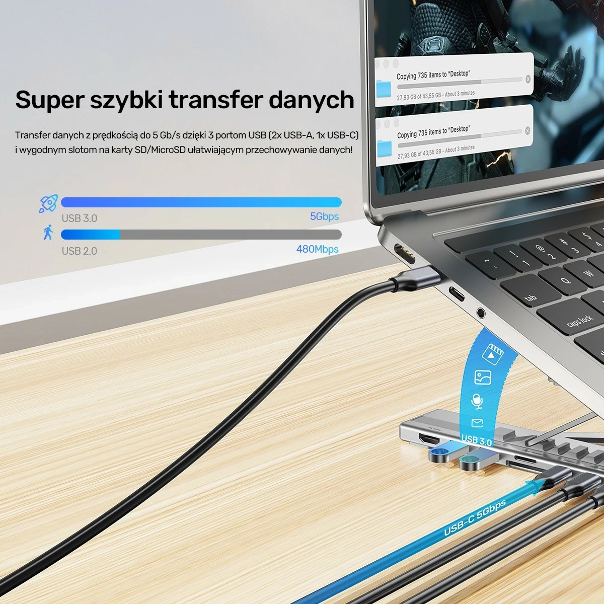 Kasë laptopi Unitek, me hub HDMI/PD/SD, e rregullueshme, ngjyrë argjendtë