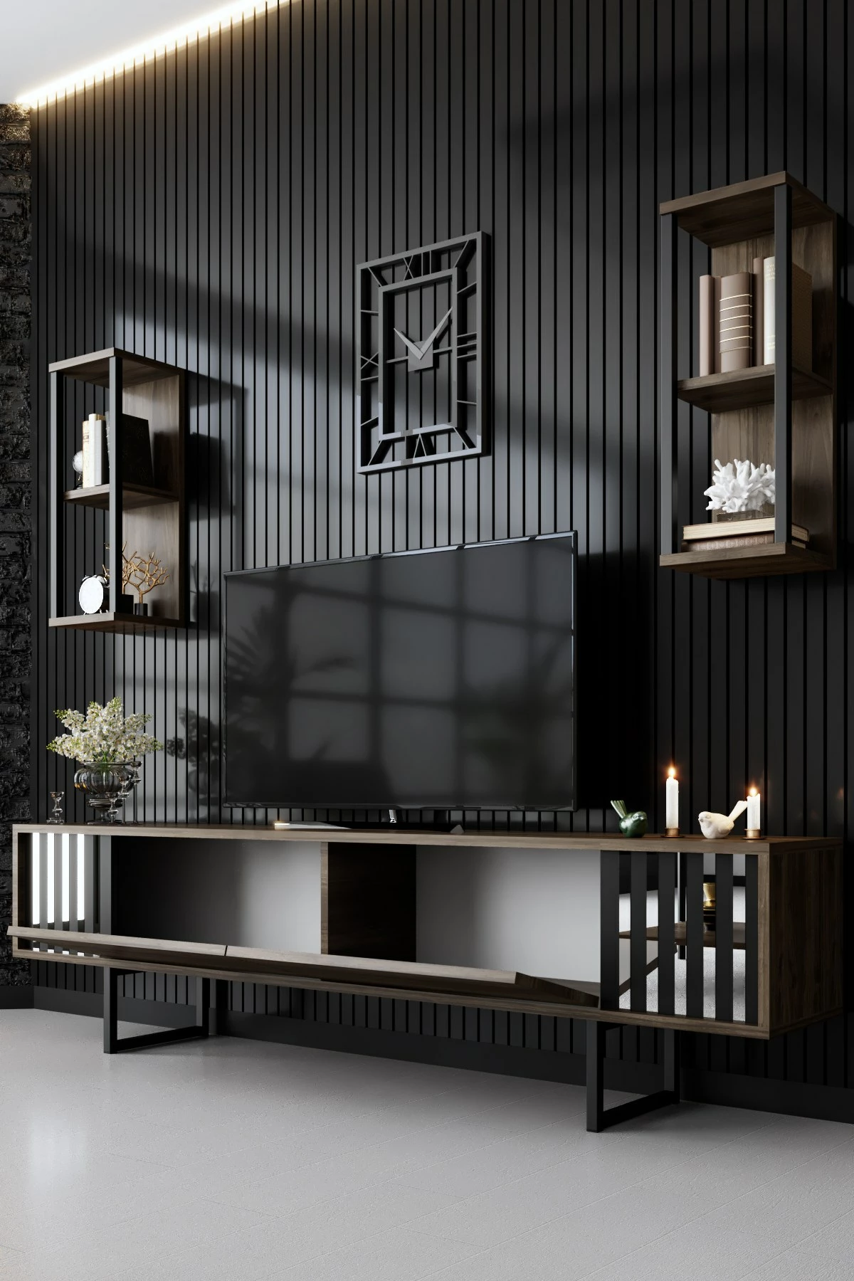 Komodë TV Hanah Home, Chrome Line, ngjyrë arre dhe e zezë