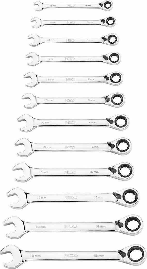 Set çelësa me kriket NEO 09-345 8-19 mm, 12 copë, me çantë rrotulluese, zezë/portokalli