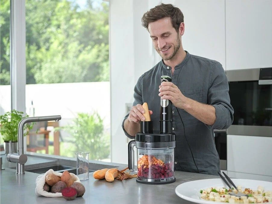 Blender dore Braun MQ9195XLI 1200 W me procesor ushqimi, grirës, rrahëse dhe gota, Inox/zi