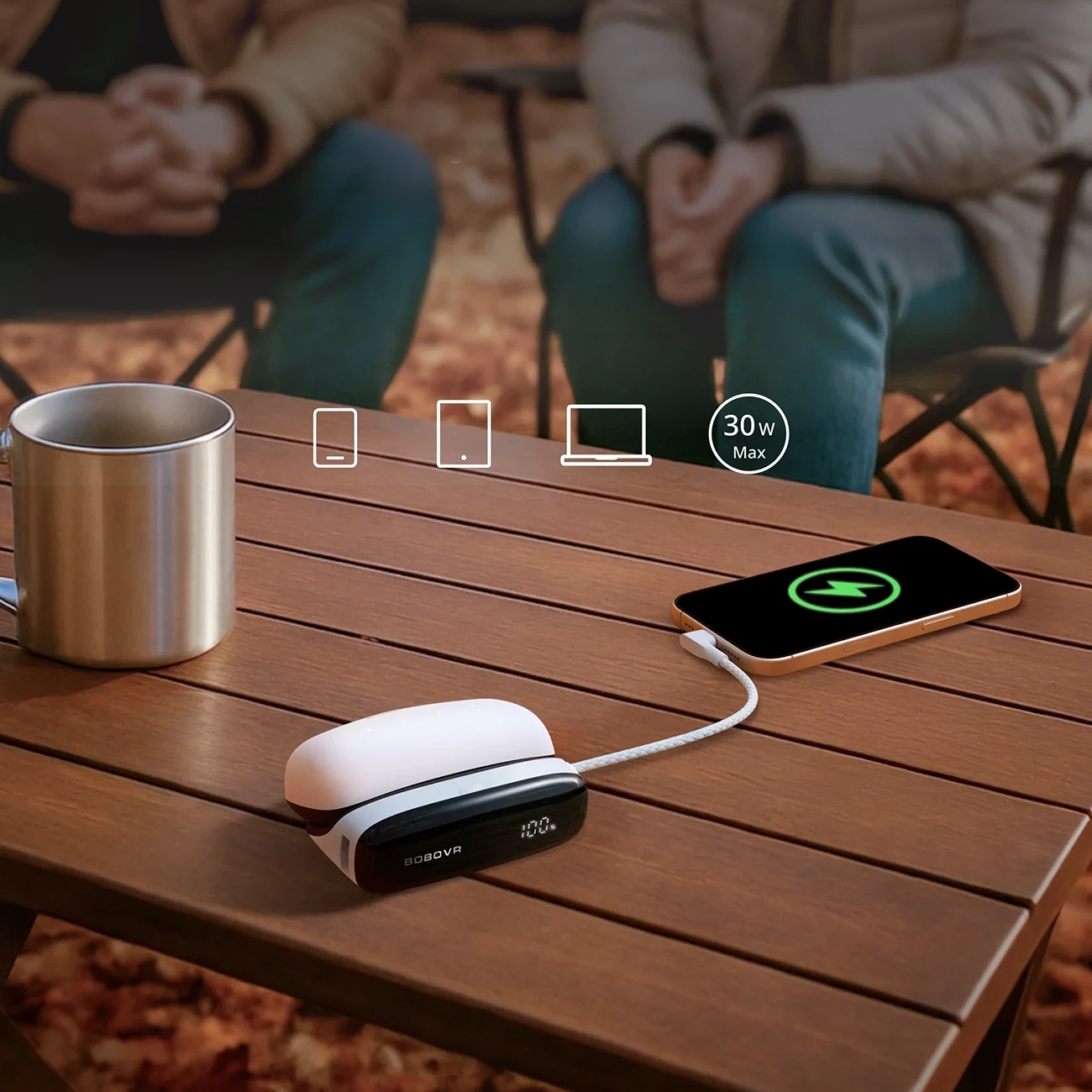 stacion dokimi 2-n-1 dhe power bank, BoboVR PD100 Combo, për bateri B100, USB-C PD 30W, 3 porta, kabllo USB-C e integruar, ekran, e bardhë