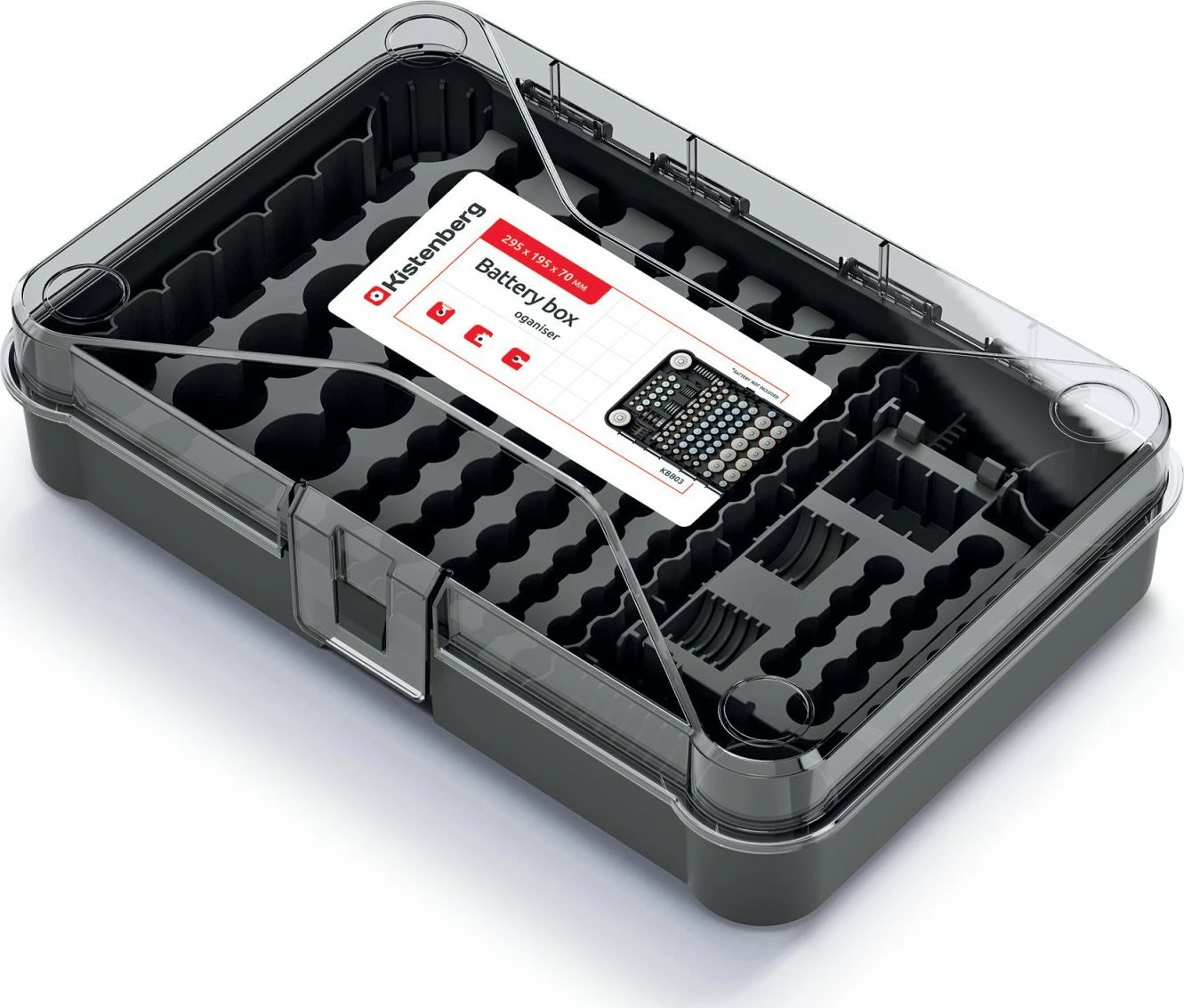 Organizer baterish Kistenberg KBB03, 115 ndarje, 295x195x70 mm, e zezë me kapak transparent