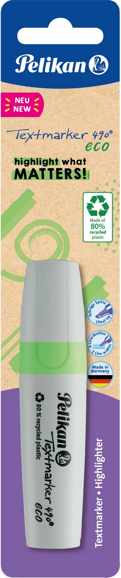 Marker tekstesh Pelikan Textmarker 490 eco, 1 copë, majë shpatule, plastikë e ricikluar, jeshil