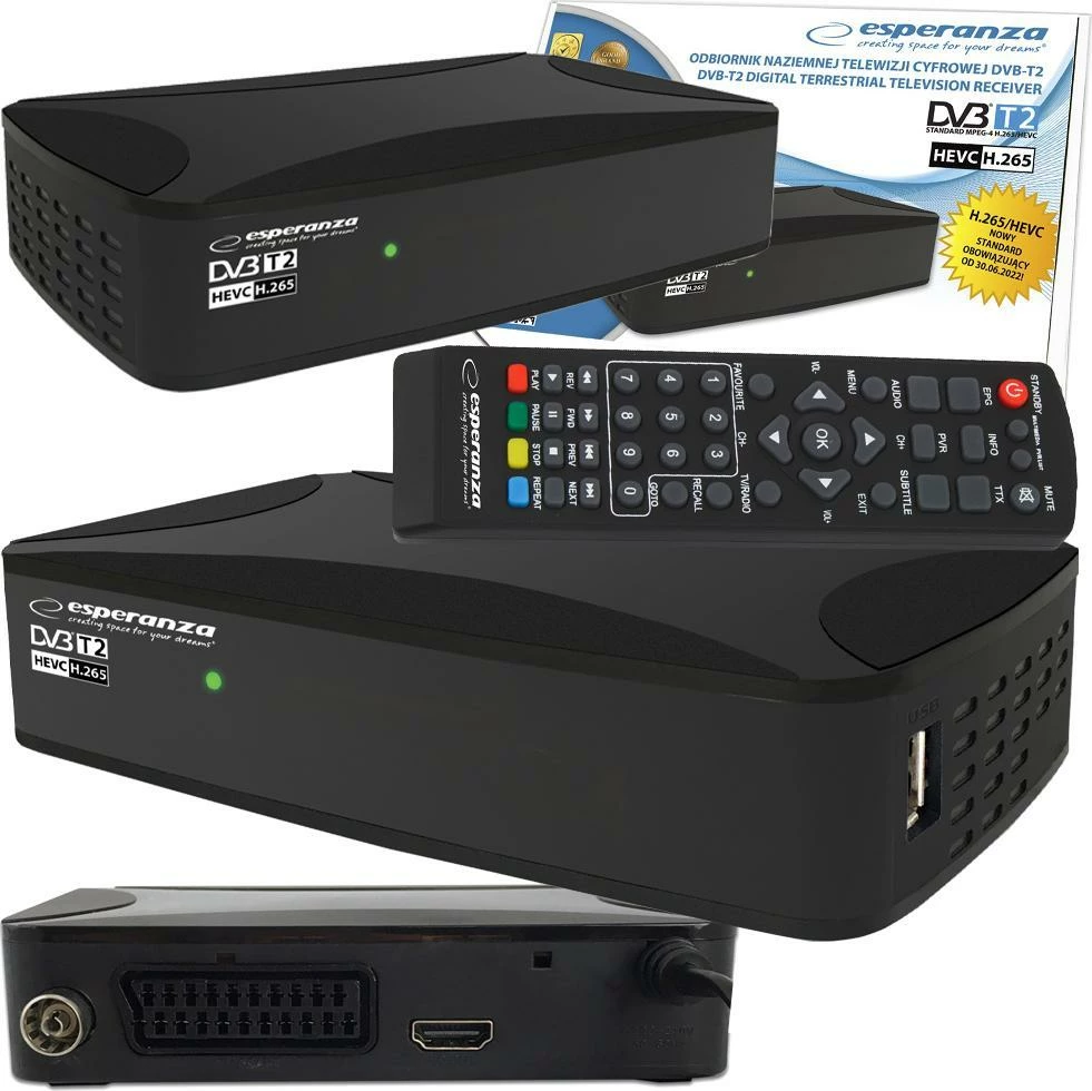 Tuner TV Esperanza EV108 DVB-T2 Full HD H.265/HEVC HDMI USB SCART, i zi