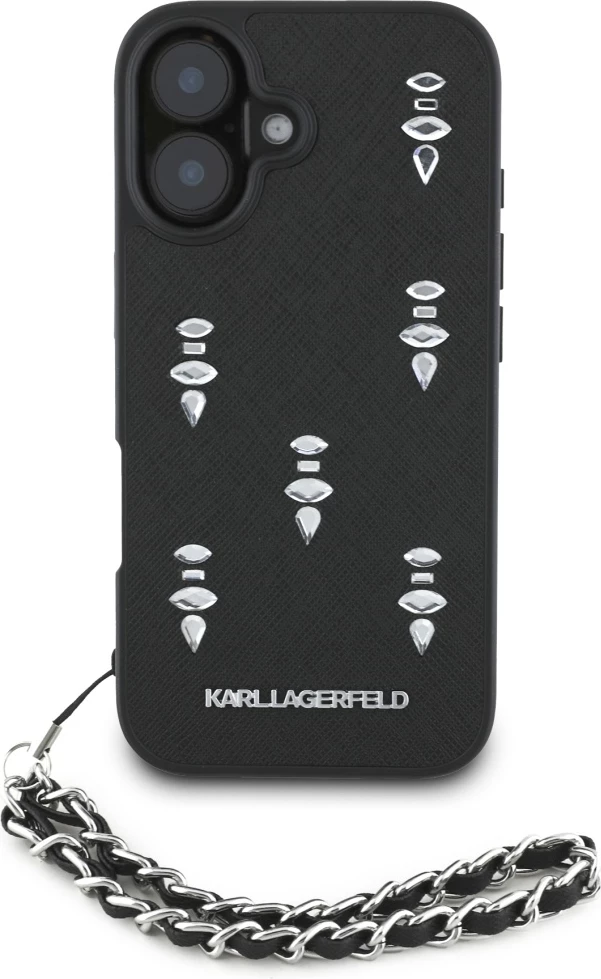 Mbështjellës Karl Lagerfeld Saffiano Crystals me zinxhir për iPhone 16, i zi