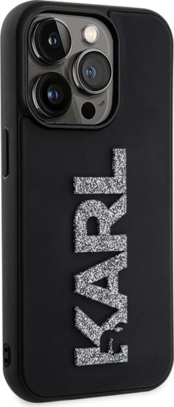 Mbështjellës Karl Lagerfeld 3D Rubber Glitter Logo për iPhone 15 Pro, i zi