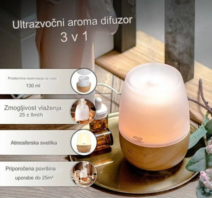 Difuzer aromash ultrasonik ADLER AD7967, 3-në-1, 130 ml, USB, LED 7 ngjyra, bardhë/imitim druri