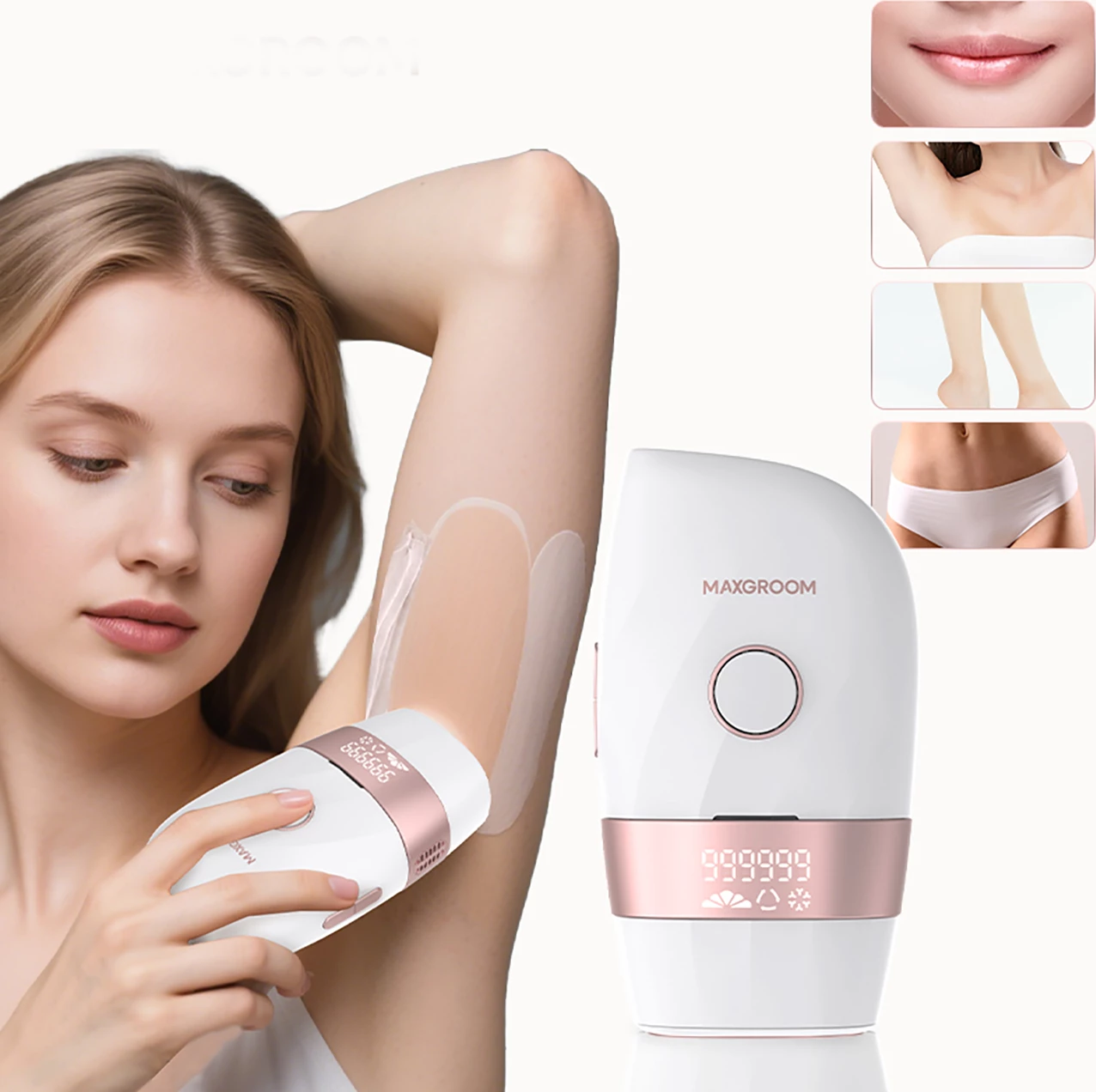 Epilator IPL MAXGROOM JD-TM003, 999999 impulse, 5 nivele fuqie, ICE 8°C, dritare 3 cm², me ekran, bardhë/rozë
