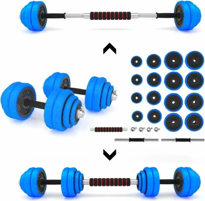 Set pesha 2-në-1 barbell dhe dumbbell HMS, unisex, argjend e kaltër