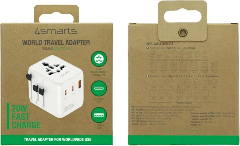 Adapter udhëtimi, 4smarts Nomad 20W, GaN, 2x USB-C + 1x USB-A, prizë universale, i bardhë