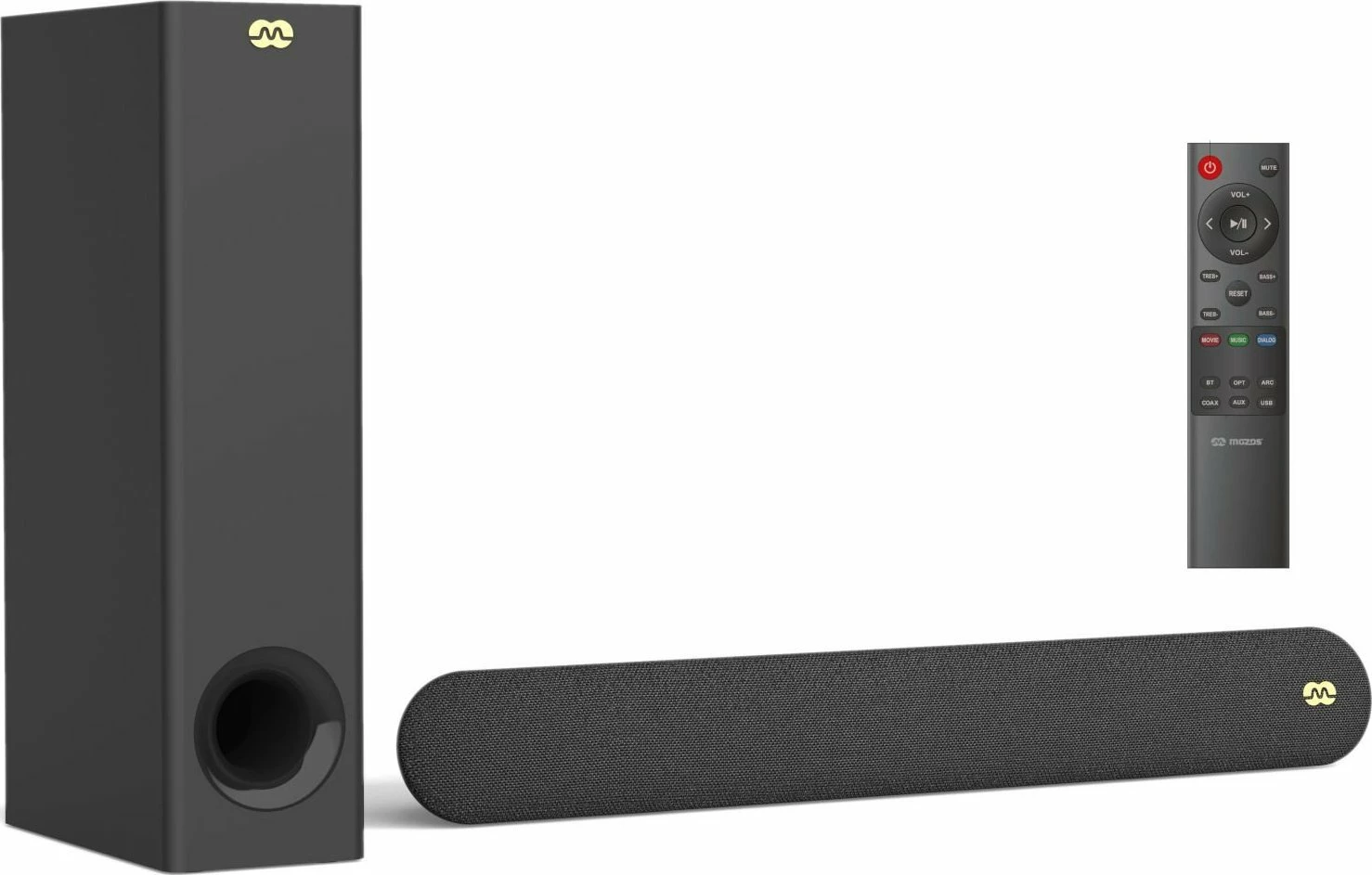 Soundbar Mozos Cinema 2.1 80W RMS/160W peak Bluetooth 5.0 HDMI ARC, e zezë, set me subwoofer + telekomandë